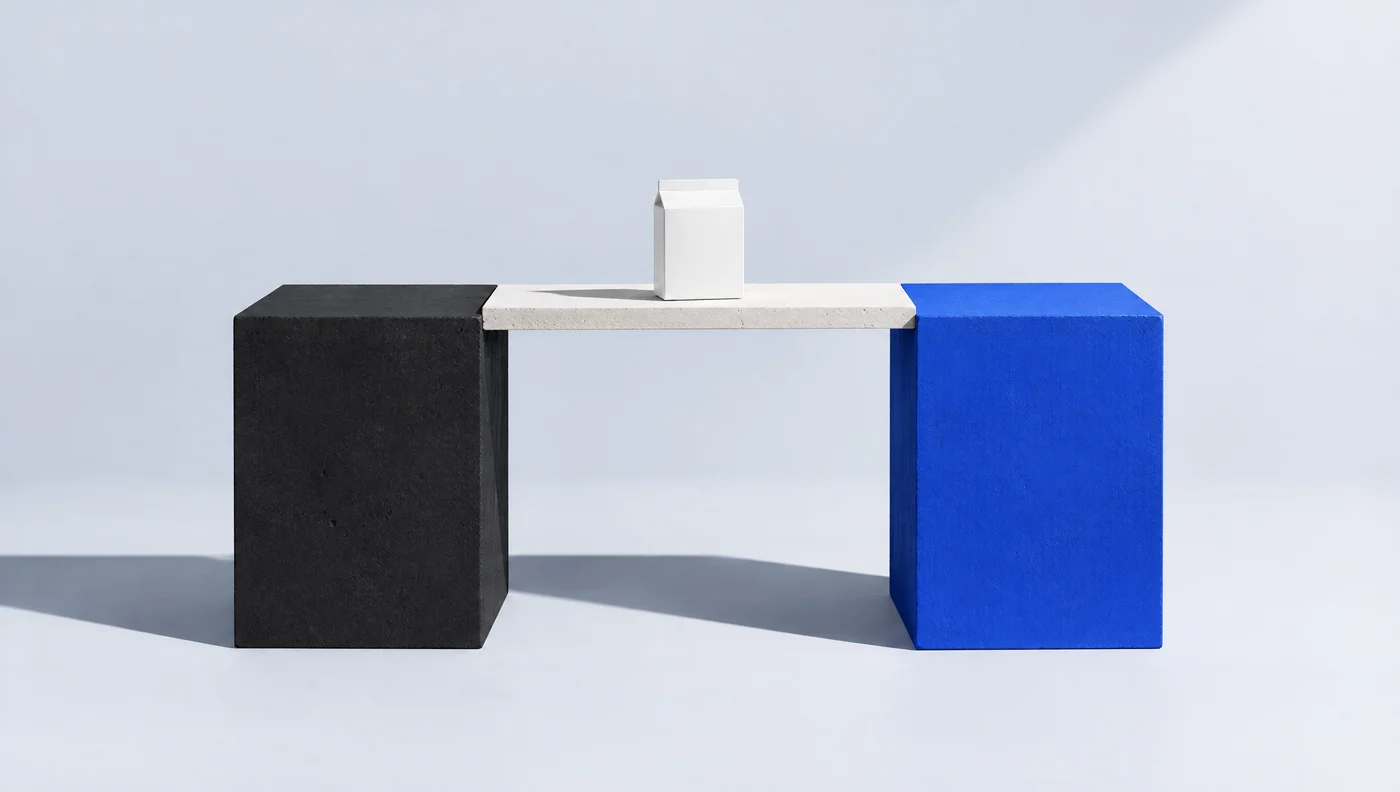 A black and a cobalt block joined by a pale slab carrying a small carton – brokering between you and the manufacturer