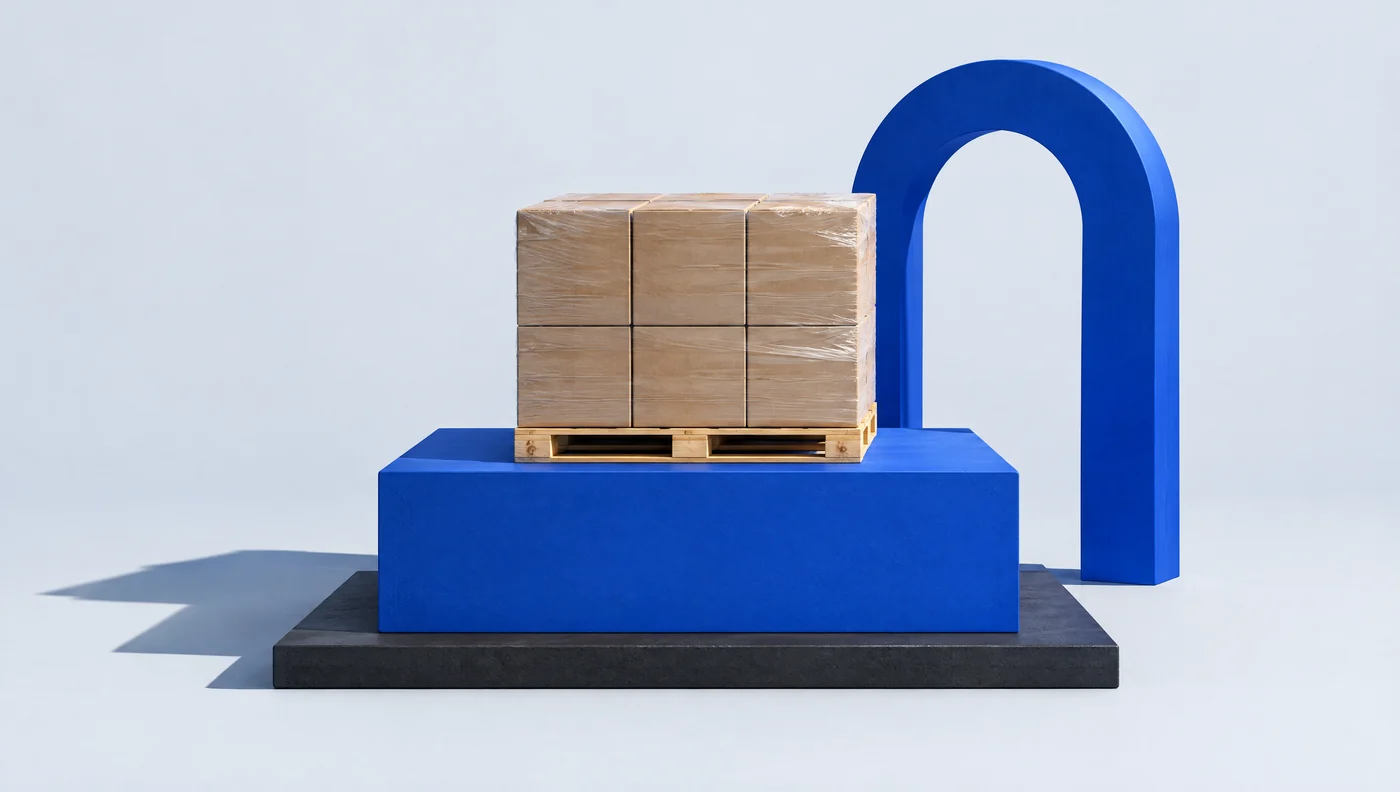 Pallet of shrink-wrapped cartons on a single cobalt plinth – one contracting partner for the whole delivery