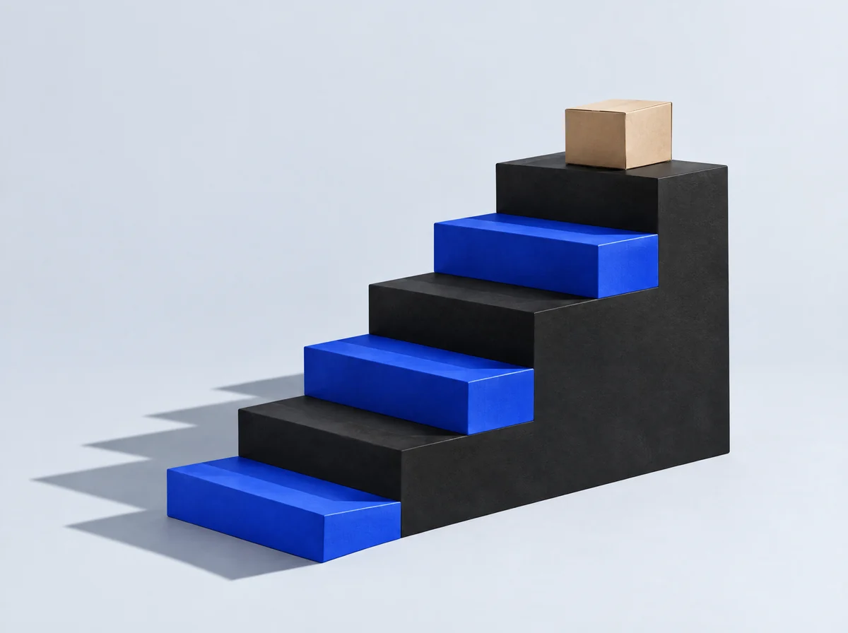 Staircase of alternating cobalt and black steps with a shipping carton on the top step