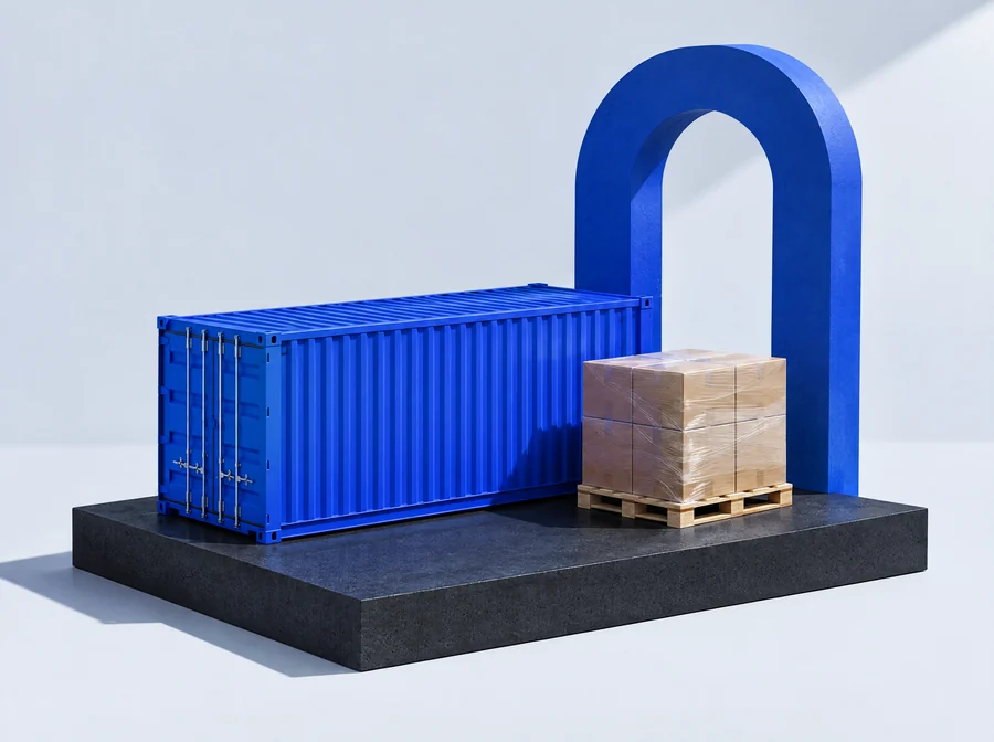 Modell eines kobaltblauen Seecontainers neben einer Palette mit foliierten Kartons unter einem blauen Bogen