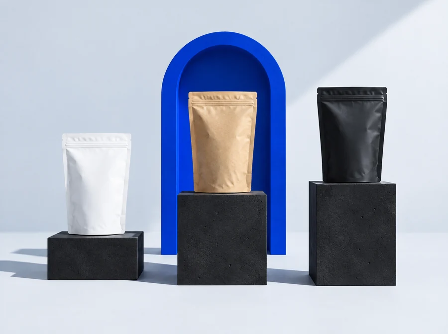 Drei Standbodenbeutel-Muster in Weiß, Kraftpapier und Schwarz auf Sockeln, der mittlere von einem kobaltblauen Bogen gerahmt