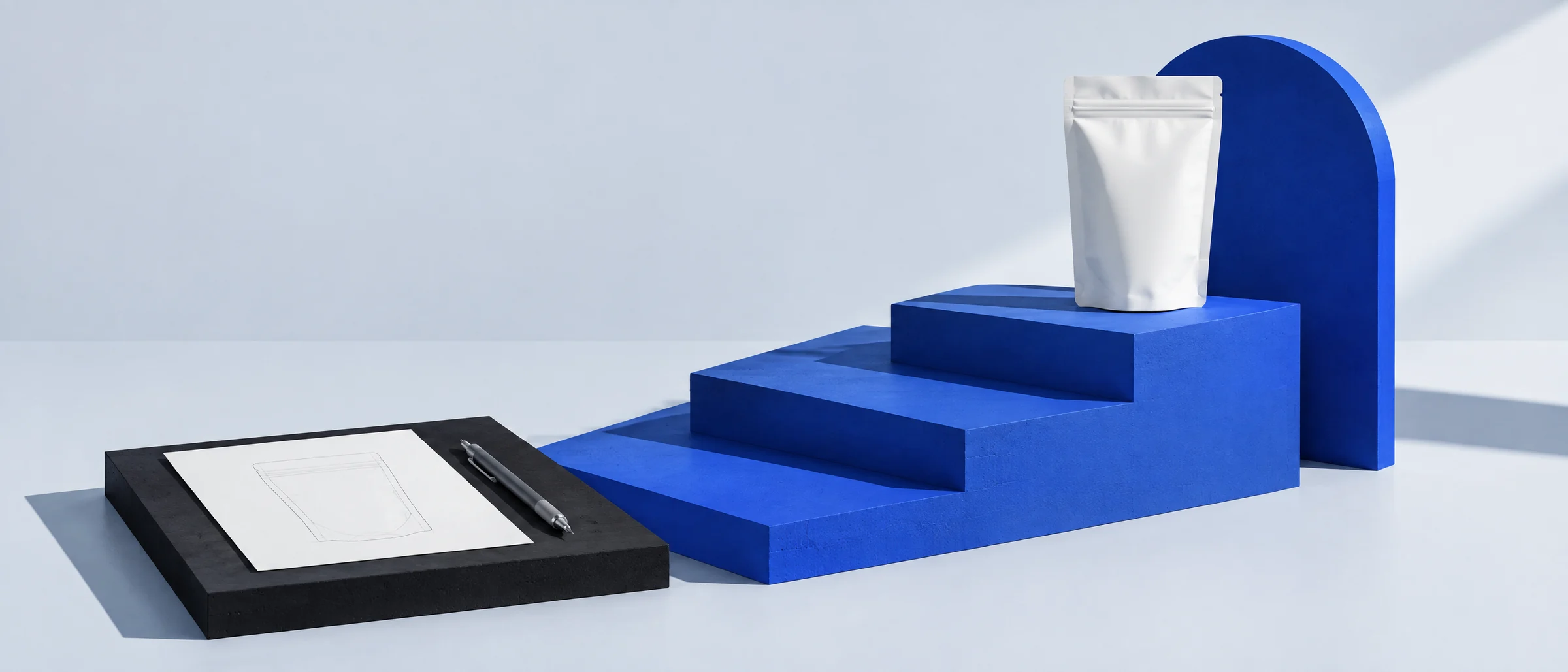 Bleistiftskizze eines Standbodenbeutels auf einer schwarzen Platte, daneben kobaltblaue Stufen mit dem fertigen weißen Beutel oben – von der Idee zum fertigen Produkt