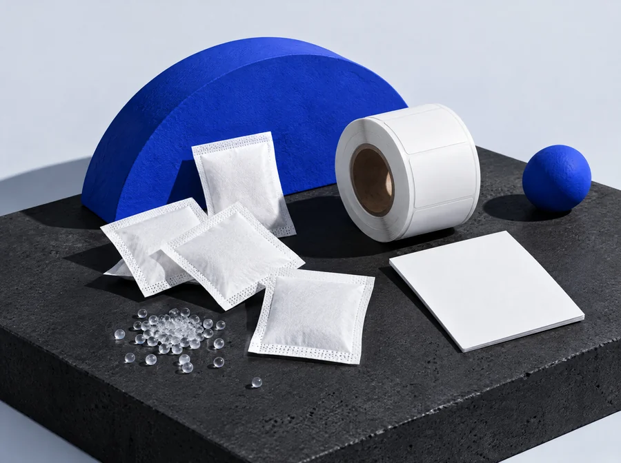 Desiccant sachets, silica gel beads, a label roll and a cardboard insert on a black slab
