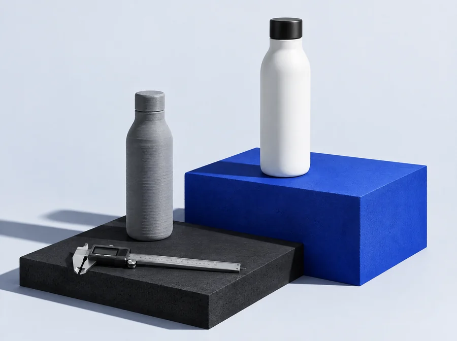 Finished white drinking bottle on a cobalt plinth next to its grey 3D-printed prototype and a caliper