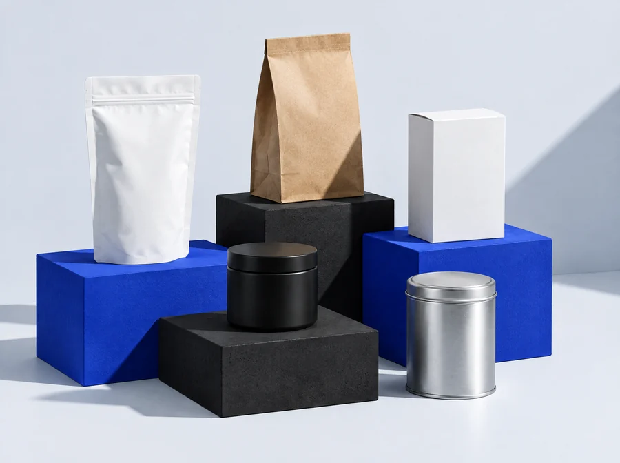 Unprinted packaging – stand-up pouch, paper bag, folding carton, jar and tin – on cobalt and black plinths