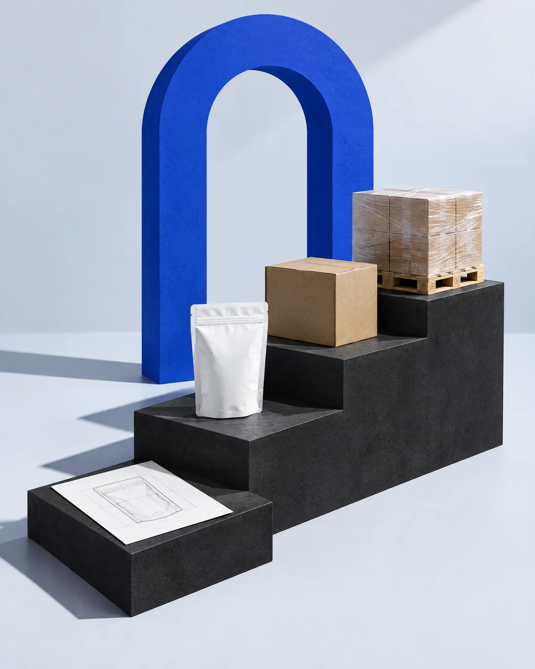 Black steps under a cobalt arch carrying a sketch, a sample pouch, a carton and a pallet – the whole chain from idea to delivery